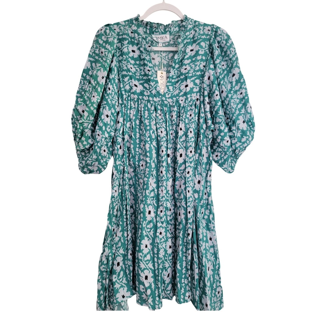 NWT Green Floral Omika Wren Mini Dress Puff Sleeve Babydoll Summer Coastal Small